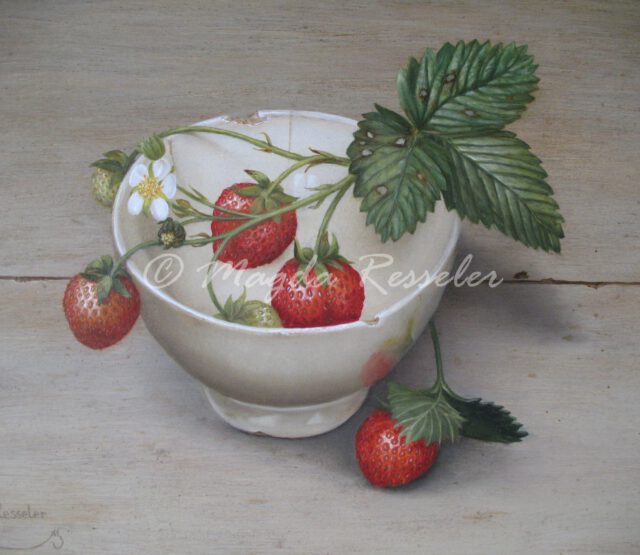 Aardbeien in aardewerk - olieverf op paneel - 27 x 30 cm